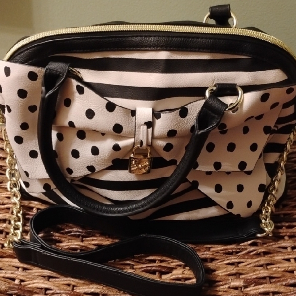 Betsey Johnson Black & White Satchel w/ Polka Dots & Gold Accents